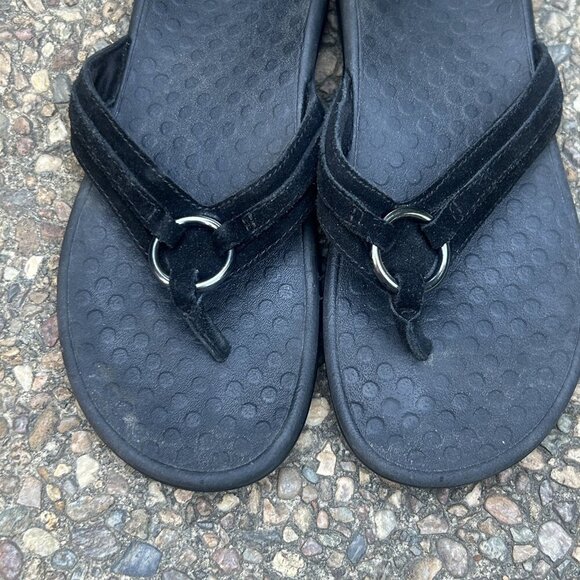 Vionic Black Suede Leather Tide Aloe Toe Post Ortho Heel Thong Sandals Size 7 - Picture 6 of 11